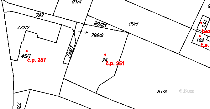 Dobronín 251 na parcele st. 74 v KÚ Střelecká, Katastrální mapa