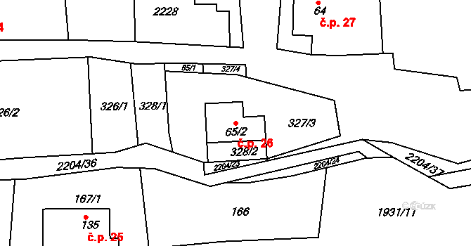 Mikuleč 26 na parcele st. 65/2 v KÚ Mikuleč, Katastrální mapa
