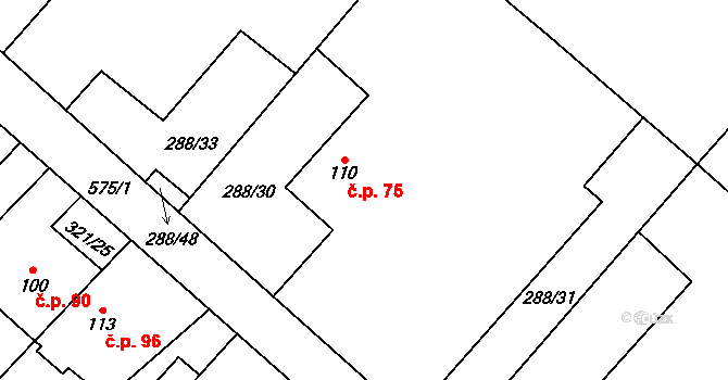 Chotiměř 75 na parcele st. 110 v KÚ Chotiměř, Katastrální mapa