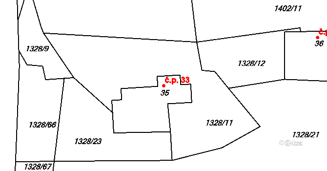 Milešov 33 na parcele st. 35 v KÚ Milešov nad Vltavou, Katastrální mapa