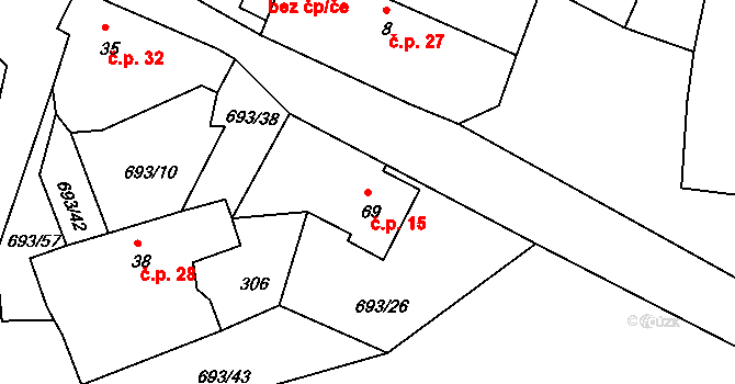 Sudoměřice u Bechyně 15 na parcele st. 69 v KÚ Sudoměřice u Bechyně, Katastrální mapa