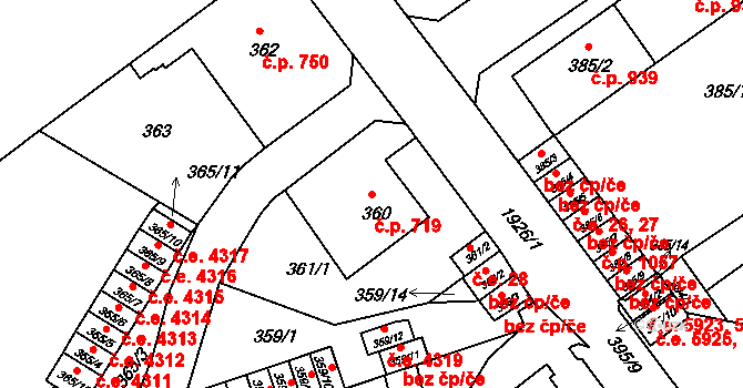 Klíše 719, Ústí nad Labem na parcele st. 360 v KÚ Klíše, Katastrální mapa