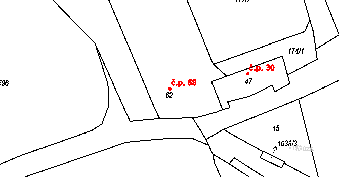Roučkovice 58, Pacov na parcele st. 62 v KÚ Roučkovice, Katastrální mapa