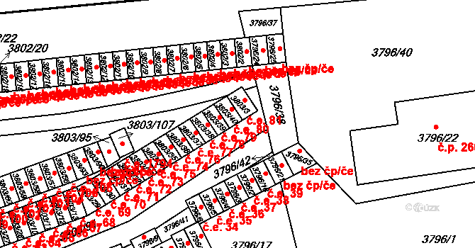 Teplice 80 na parcele st. 3803/40 v KÚ Teplice, Katastrální mapa