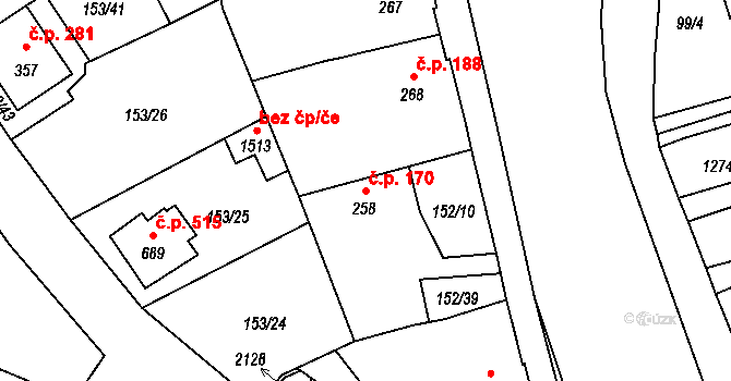 Úšovice 170, Mariánské Lázně na parcele st. 258 v KÚ Úšovice, Katastrální mapa