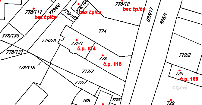 Dolní Rychnov 115 na parcele st. 773 v KÚ Dolní Rychnov, Katastrální mapa