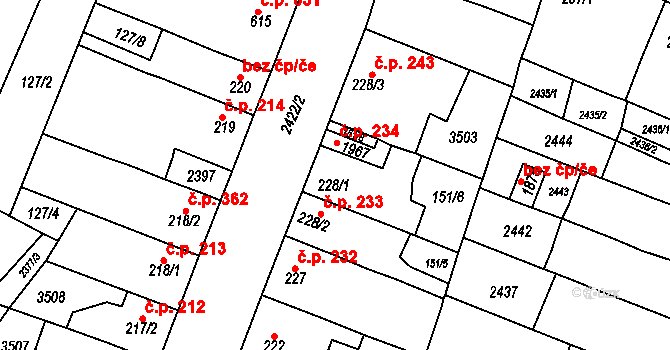 Rosice 234 na parcele st. 228/1 v KÚ Rosice u Brna, Katastrální mapa