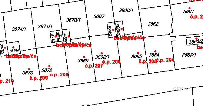 Božkov 206, Plzeň na parcele st. 3668/1 v KÚ Plzeň, Katastrální mapa