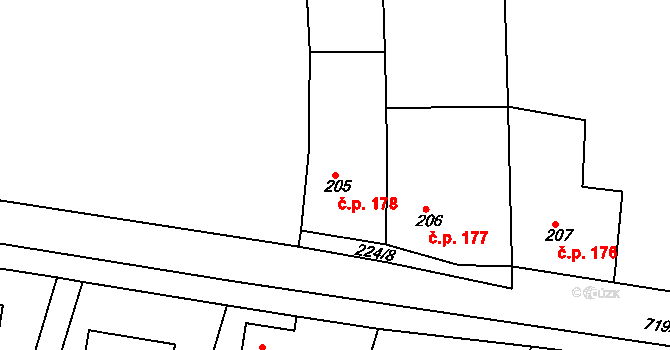 Konárovice 178 na parcele st. 205 v KÚ Konárovice, Katastrální mapa