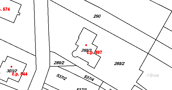 Batelov 597 na parcele st. 288/3 v KÚ Batelov, Katastrální mapa