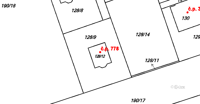Hrabová 778, Ostrava na parcele st. 128/12 v KÚ Hrabová, Katastrální mapa