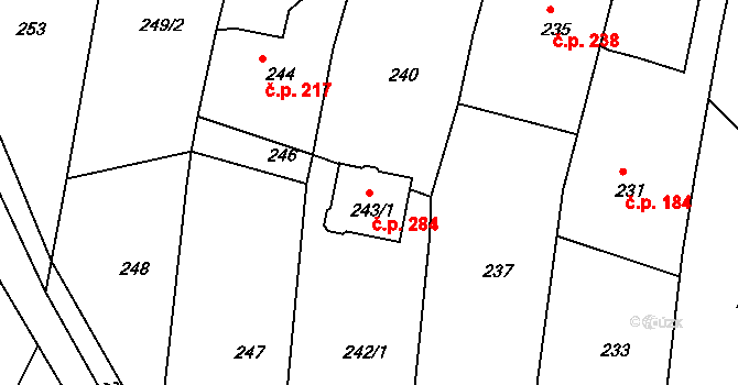 Lípa 284 na parcele st. 243/1 v KÚ Lípa nad Dřevnicí, Katastrální mapa