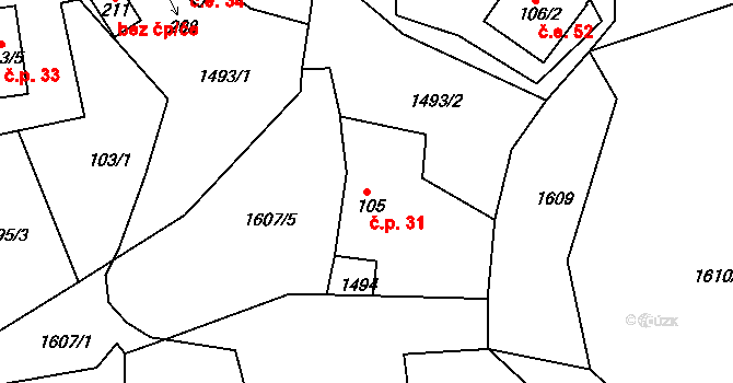 Moravany 31, Řehlovice na parcele st. 105 v KÚ Moravany u Dubic, Katastrální mapa