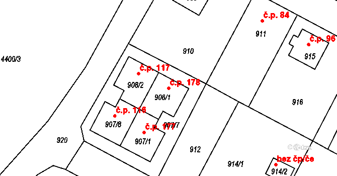 Mimoň V 178, Mimoň na parcele st. 908/1 v KÚ Mimoň, Katastrální mapa