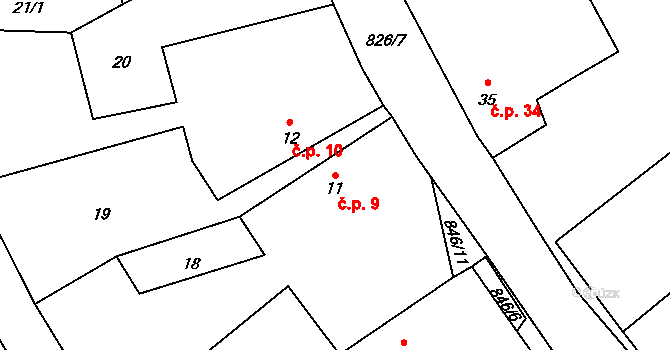 Lhotice 9 na parcele st. 11 v KÚ Lhotice u Jemnice, Katastrální mapa