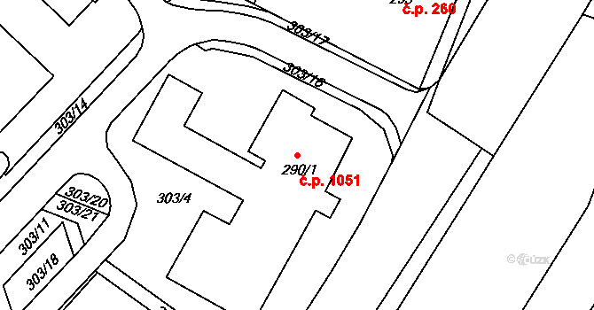 Pacov 1051 na parcele st. 290/1 v KÚ Pacov, Katastrální mapa