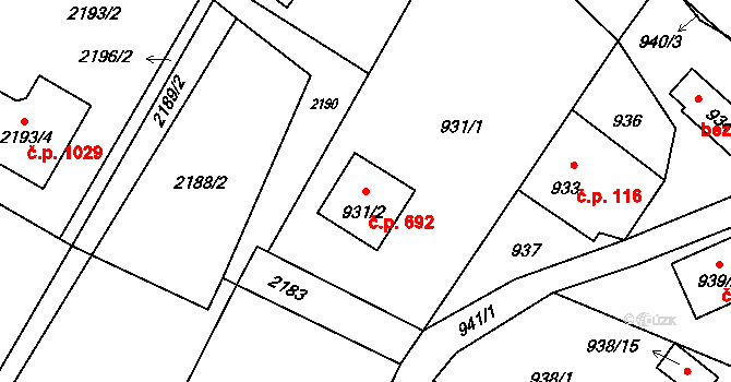 Stará Bělá 692, Ostrava na parcele st. 931/2 v KÚ Stará Bělá, Katastrální mapa