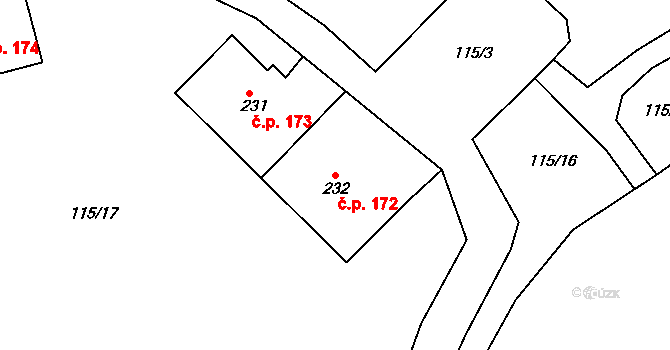 Obrnice 172 na parcele st. 232 v KÚ Obrnice, Katastrální mapa