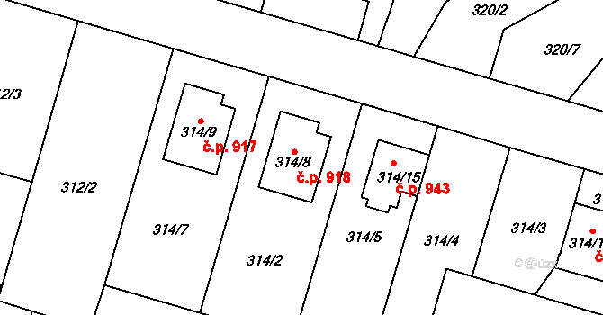 Nebušice 918, Praha 6 na parcele st. 314/8 v KÚ Nebušice, Katastrální mapa