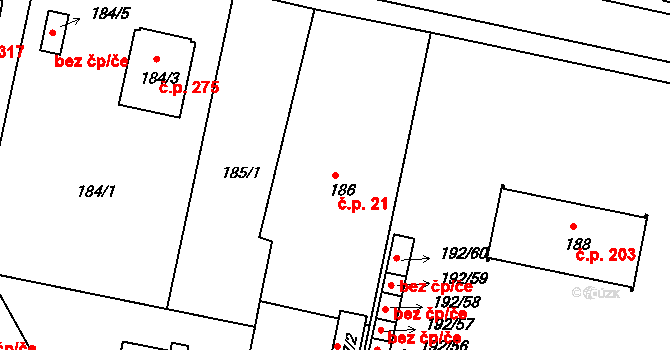 Křemže 21 na parcele st. 186 v KÚ Křemže, Katastrální mapa