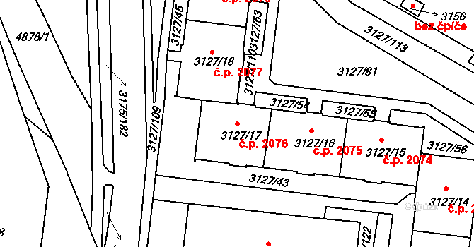 Louny 2076 na parcele st. 3127/17 v KÚ Louny, Katastrální mapa