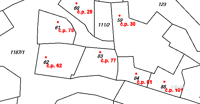 Vrčeň 77 na parcele st. 83 v KÚ Vrčeň, Katastrální mapa
