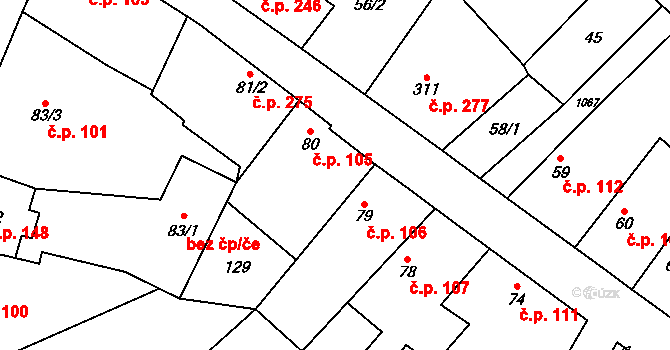 Rožďalovice 105 na parcele st. 80 v KÚ Rožďalovice, Katastrální mapa