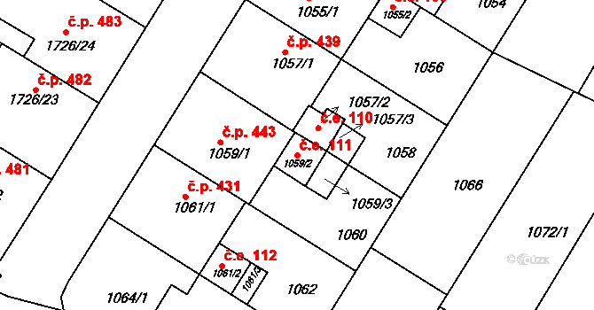 Hrušovany u Brna 111 na parcele st. 1059/2 v KÚ Hrušovany u Brna, Katastrální mapa