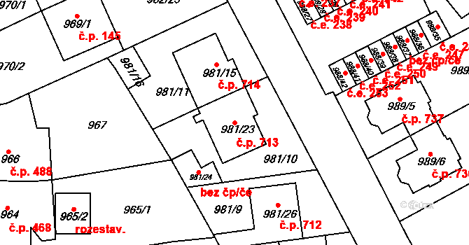 Židlochovice 713 na parcele st. 981/23 v KÚ Židlochovice, Katastrální mapa