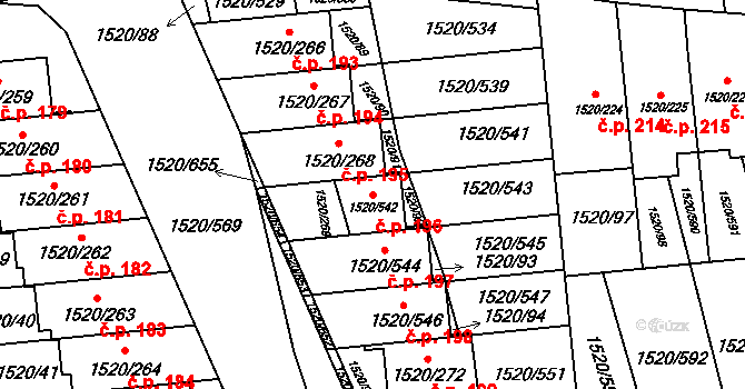 Křečkovice 196, Vyškov na parcele st. 1520/542 v KÚ Vyškov, Katastrální mapa