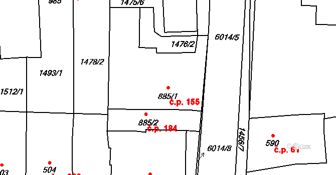 Horní Předměstí 155, Polička na parcele st. 885/1 v KÚ Polička, Katastrální mapa