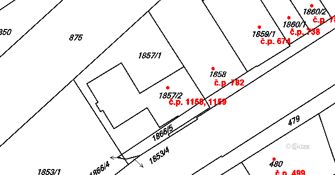 Hulín 1158,1159 na parcele st. 1857/2 v KÚ Hulín, Katastrální mapa