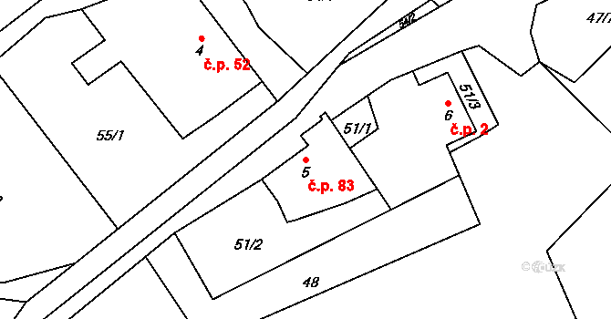 Břevenec 83, Šumvald na parcele st. 5 v KÚ Břevenec, Katastrální mapa