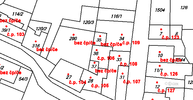 Budyně nad Ohří 106 na parcele st. 36 v KÚ Budyně nad Ohří, Katastrální mapa