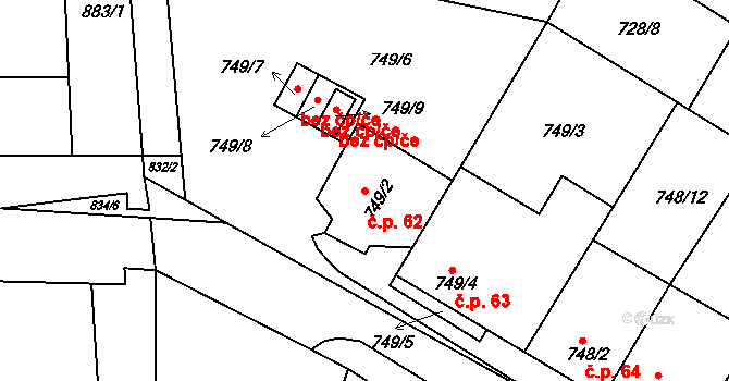 Lukov 62 na parcele st. 749/2 v KÚ Lukov u Moravských Budějovic, Katastrální mapa