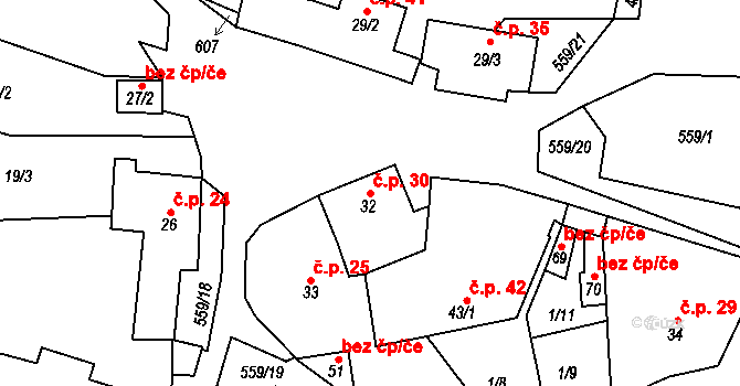 Hořany 30, Zbrašín na parcele st. 32 v KÚ Hořany u Zbrašína, Katastrální mapa