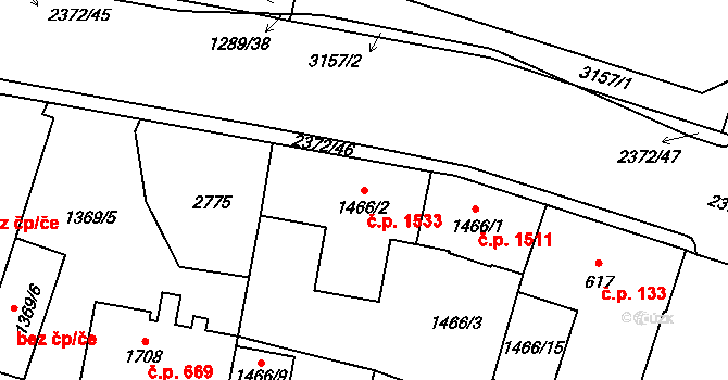 Cheb 1533 na parcele st. 1466/2 v KÚ Cheb, Katastrální mapa