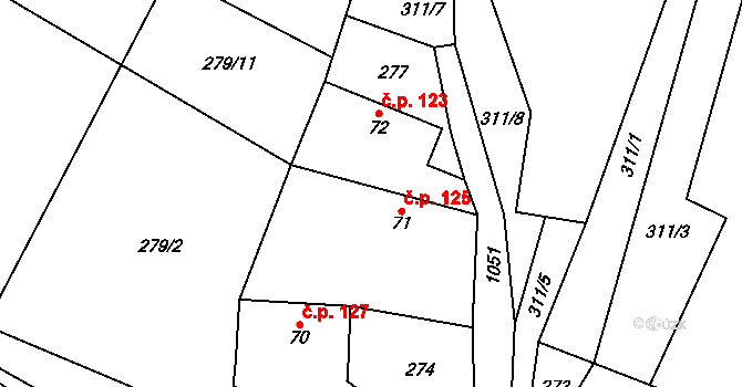 Želízy 125 na parcele st. 71 v KÚ Želízy, Katastrální mapa