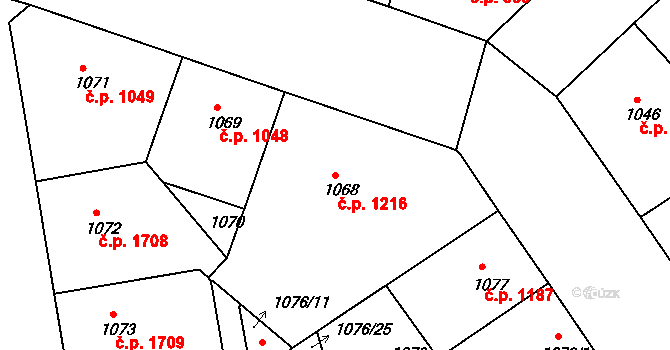 Žižkov 1216, Praha na parcele st. 1068 v KÚ Žižkov, Katastrální mapa