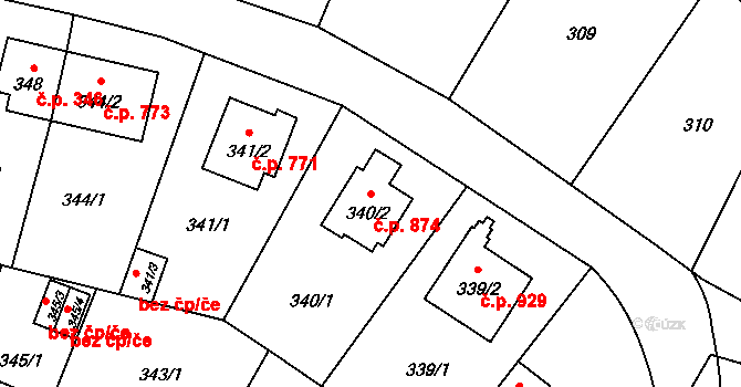 Ruzyně 874, Praha na parcele st. 340/2 v KÚ Ruzyně, Katastrální mapa