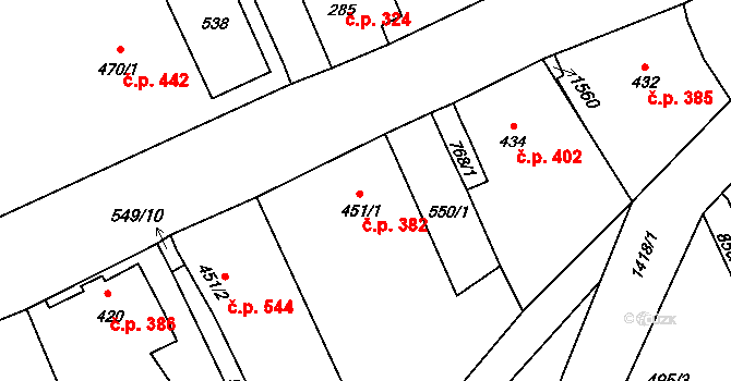 Chrastava 382 na parcele st. 451/1 v KÚ Chrastava I, Katastrální mapa
