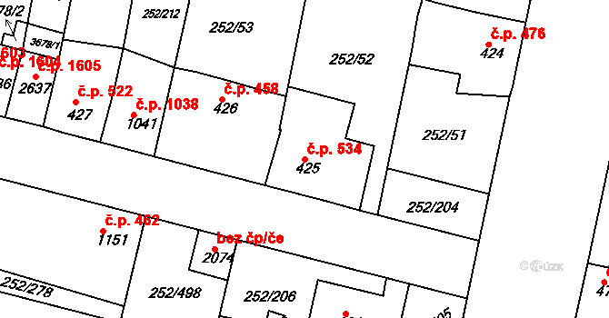 Rosice 534 na parcele st. 425 v KÚ Rosice u Brna, Katastrální mapa