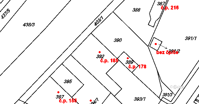 Křimice 185, Plzeň na parcele st. 392 v KÚ Křimice, Katastrální mapa