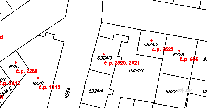 Jižní Předměstí 2520,2521, Plzeň na parcele st. 6324/3 v KÚ Plzeň, Katastrální mapa
