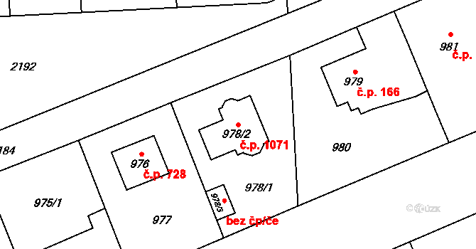 Ruzyně 1071, Praha na parcele st. 978/2 v KÚ Ruzyně, Katastrální mapa
