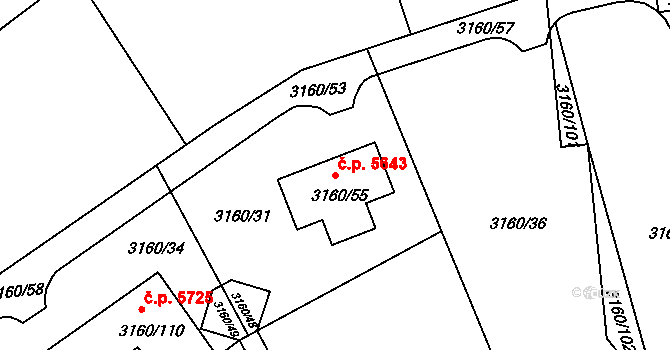 Chomutov 5643 na parcele st. 3160/55 v KÚ Chomutov II, Katastrální mapa