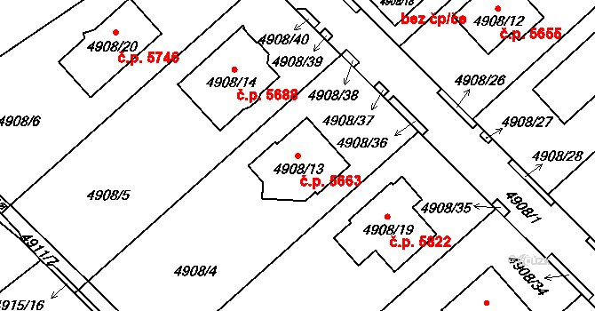 Chomutov 5663 na parcele st. 4908/13 v KÚ Chomutov I, Katastrální mapa