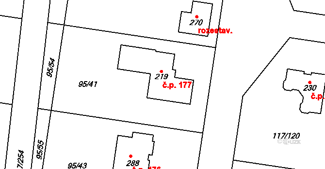 Křenice 177 na parcele st. 219 v KÚ Křenice u Prahy, Katastrální mapa
