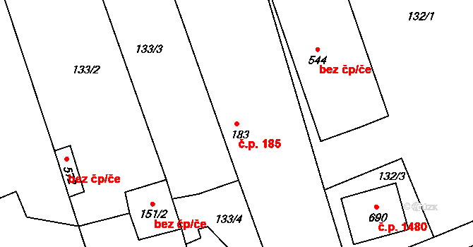 Rudná 185 na parcele st. 183 v KÚ Dušníky u Rudné, Katastrální mapa