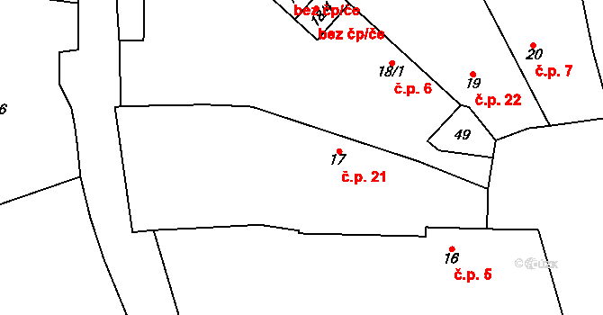 Ostromeč 21, Velký Malahov na parcele st. 17 v KÚ Ostromeč, Katastrální mapa